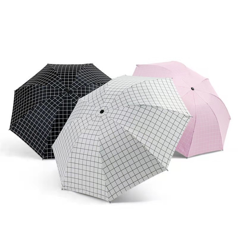 韩版小清新雨伞三折遮阳伞 方格晴雨两用防晒防紫外线黑胶太阳伞