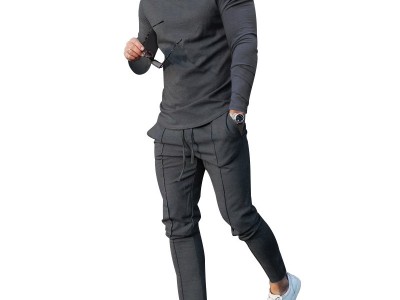 欧货外贸男装套装春秋款两件套圆领