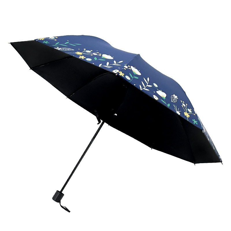 新款春暖花开雨伞男女晴雨两用伞双人三折十骨黑胶伞抗风遮阳伞