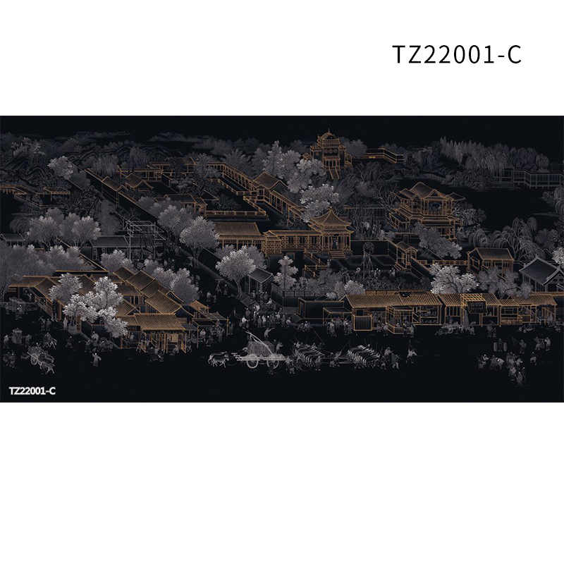 2022描金立体新工艺高端壁画新中式清明上河图大厅客厅卧室墙壁布