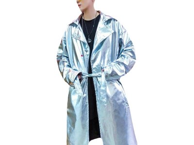秋装男潮纯色亮面明星演出服风衣男