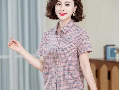 妈妈夏装短袖衬衫2024新款纯棉格子