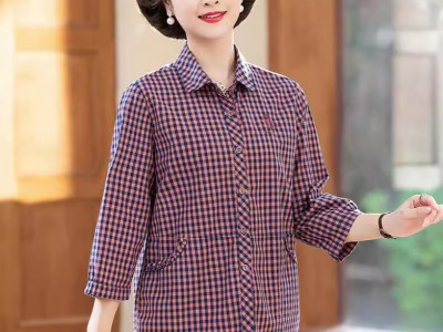 妈妈格子衬衫2024新款中袖上衣中老