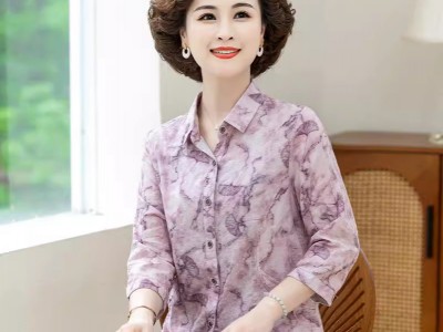中老年新款夏装印花纯棉衬衫女士七