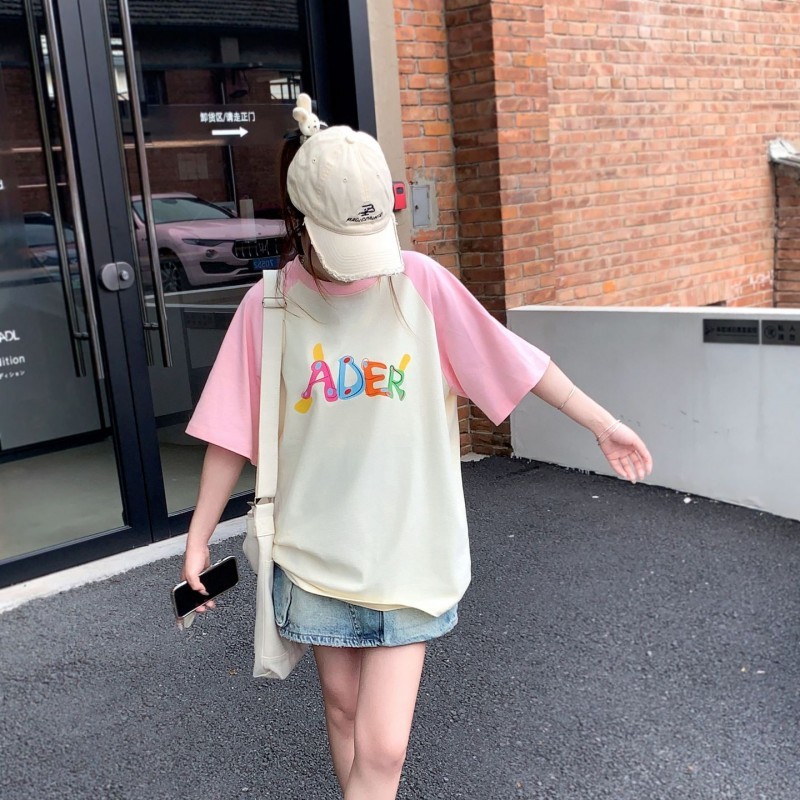 ader短袖T恤女2024年夏季新款韩版女装插肩袖纯棉印花打底衫上衣