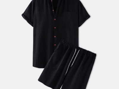 跨境2021夏装棉麻短袖衬衫套装男韩