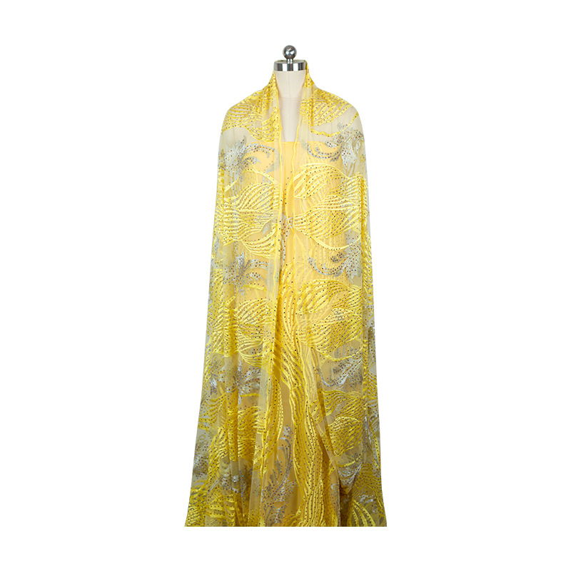 [现货]平绣带钻叶子花型绣花网布网眼布纱丽服装纺织刺绣机绣面料