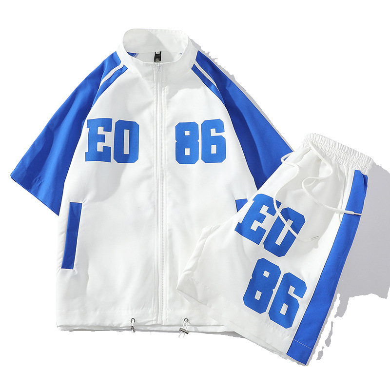 2024夏款宽松休闲立领印花拼色大码短袖套装港风情侣班服校服男女
