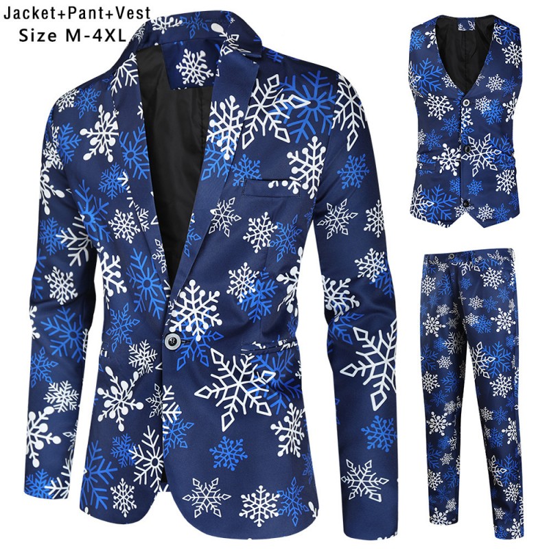 圣诞新款男士西服三件套圣诞节欧美风新年礼服3D印花西服套装欧码