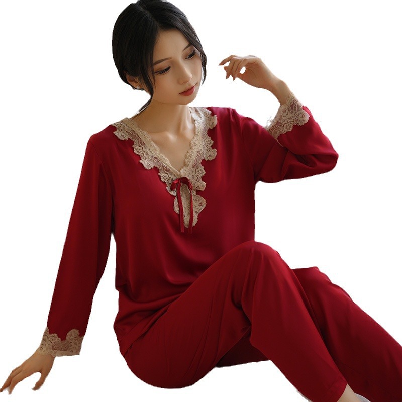 新款春秋长袖长裤蕾丝睡衣套装冰丝外穿缎面丝绸家居服套装2051