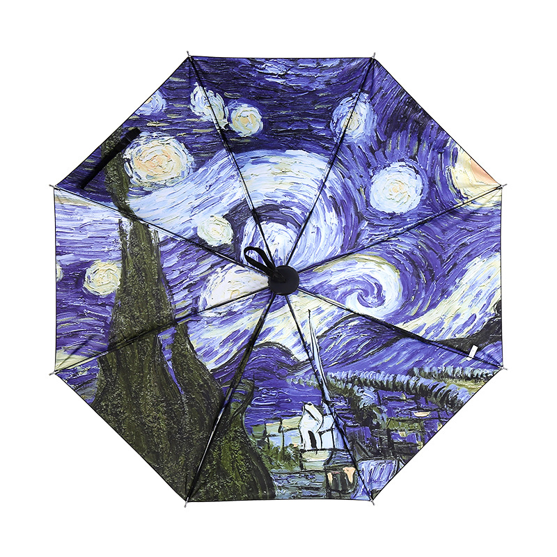 星空伞梵高油画伞防晒防紫外线三折黑胶遮阳伞太阳伞晴雨伞创意伞