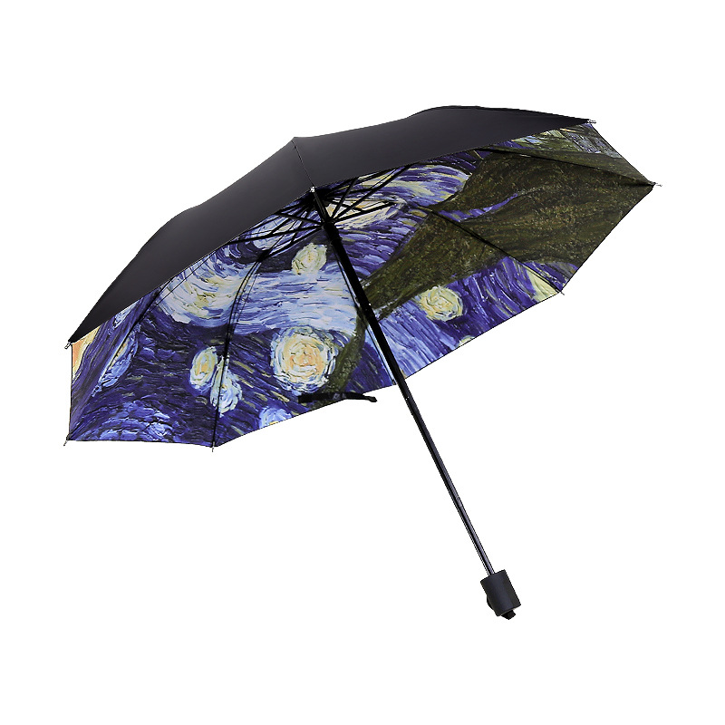 梵高油画晴雨伞 黑胶防紫外线太阳伞 女士户外三折防晒遮阳伞批发