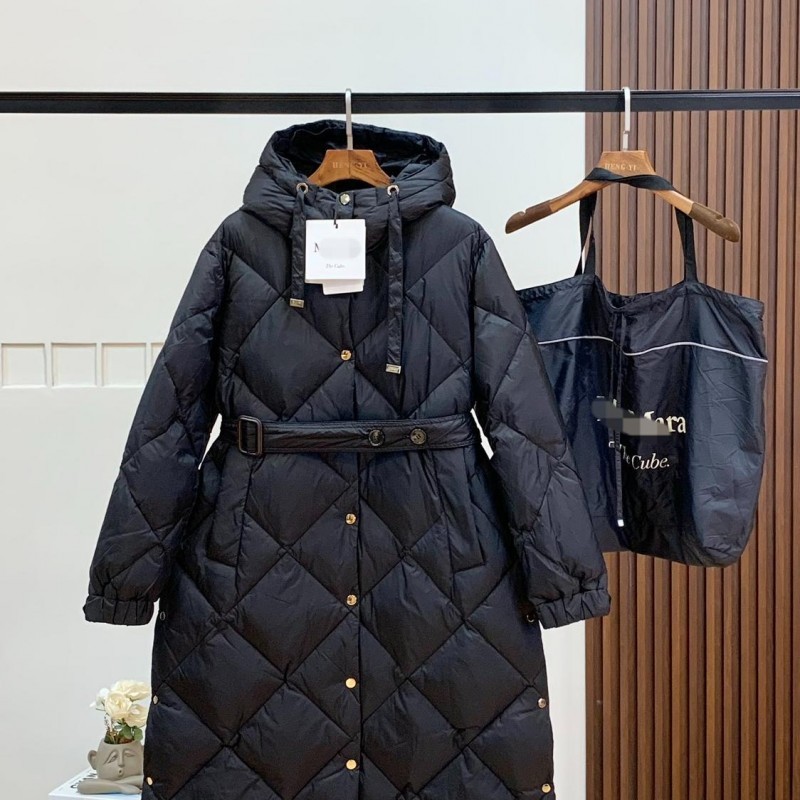 max家秋冬新款简约连帽长款美拉德风羽绒服女系带咖色加厚外套
