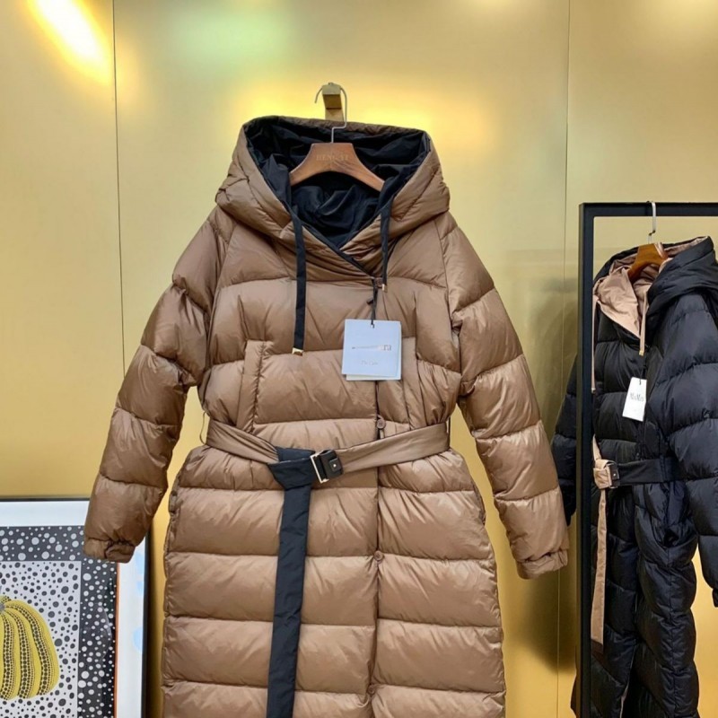 max家23新款撞色连帽双面穿加厚女式羽绒服经典收腰长款外套