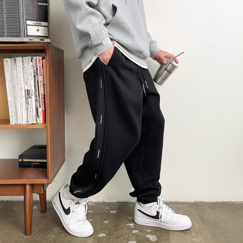 徐太浪时尚痞帅黑色运动卫裤男秋冬季加绒加厚宽松束脚哈伦裤长裤