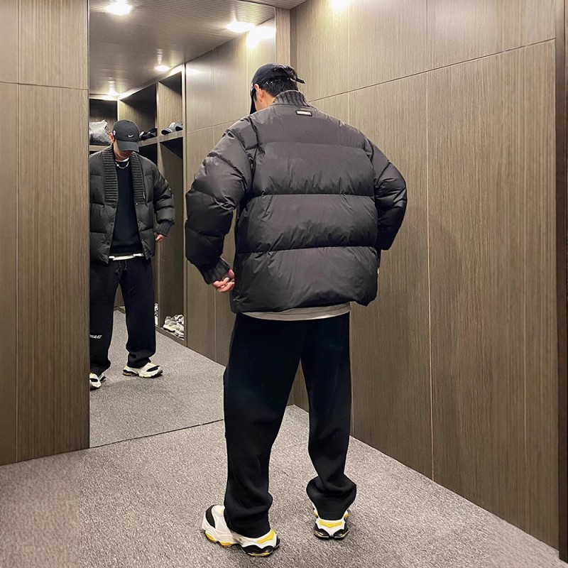 正品2024冬季小众针织拼接白鸭绒大V领羽绒服男国风纯色面包服