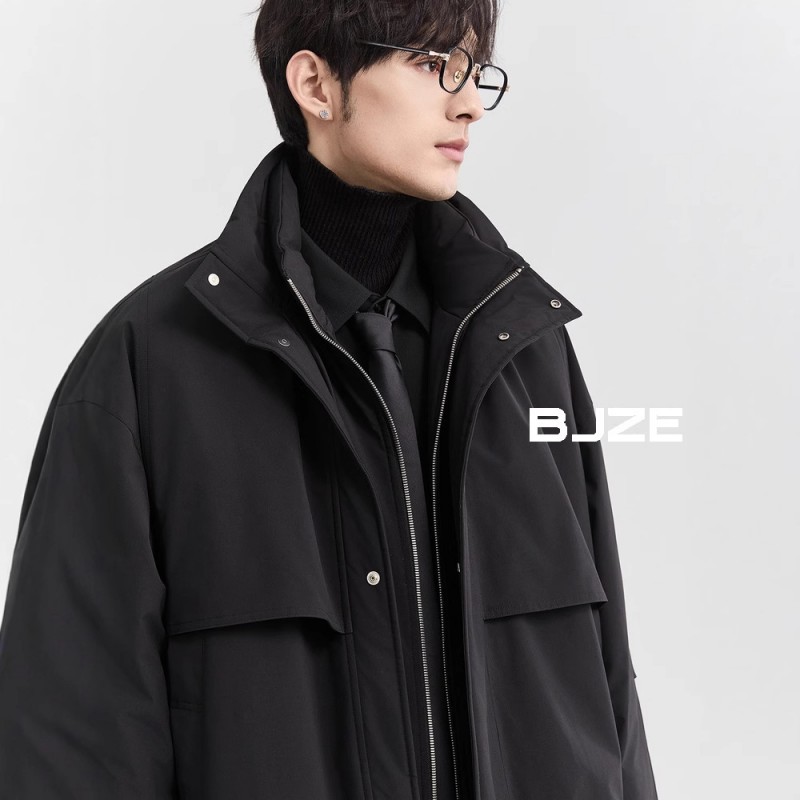 BJZE男装冬季活页设计感羽绒服中长款款宽松韩版鸭绒加厚风衣外套