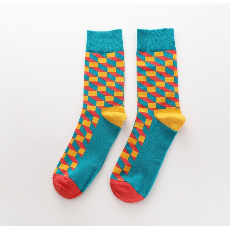 快乐 socks 英伦风方格子撞色潮袜时尚男女情侣中高筒棉袜批发9色