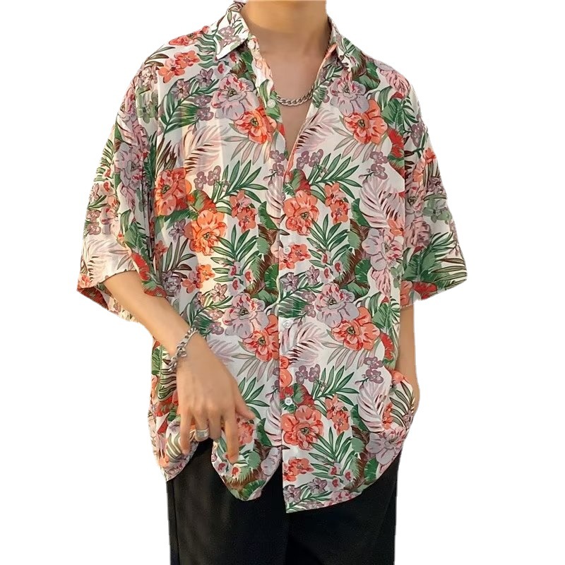 夏季冰丝男士碎花衬衫短袖海滩夏威夷风时尚休闲潮男宽松花衬衣男