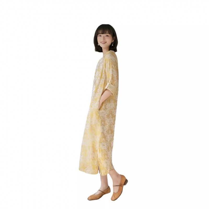 山自在新中式连衣裙 日常中长款旗袍休闲禅茶服221232山茶花