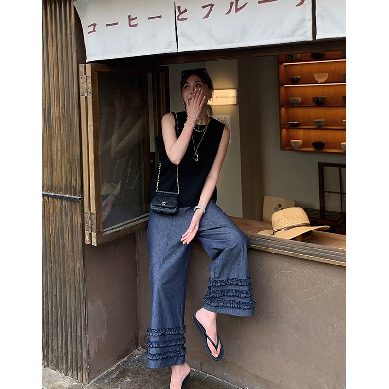 春款2025女装休闲裤阔腿裤裤脚木耳花边 弹力松紧腰直筒裤C0303