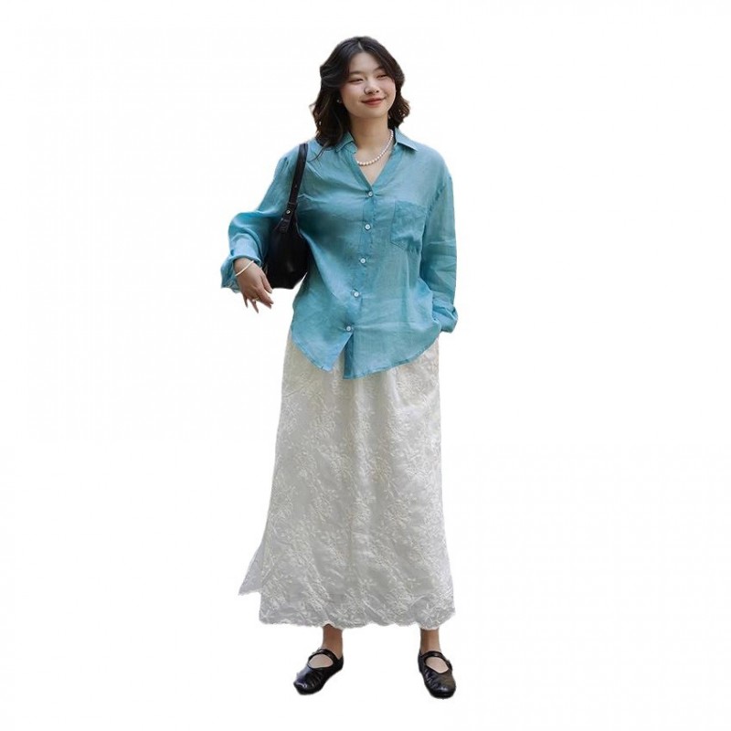 时尚套装裙夏季女两件套 蓝色V领衬衫 中式白半裙 茶系穿搭一整套