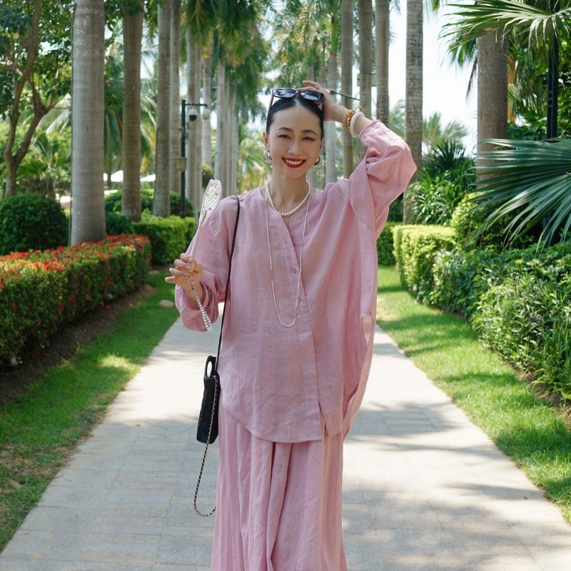 女装春季女套装松弛慵懒粉色时尚苎麻宽松衬衫B1241半身裙两件套