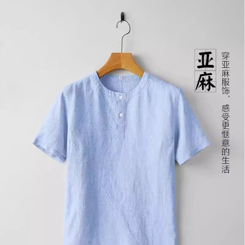 中国风男装棉麻短袖T恤夏季圆领男士亚麻体恤衫宽松麻料薄款上衣