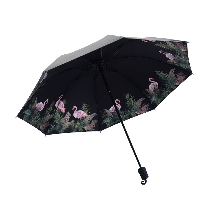批发创意雨伞火烈鸟黑胶晴雨伞防紫外线遮阳伞女防晒三折伞广告伞