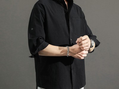 夏季新款男装棉麻中袖衬衫日系休闲