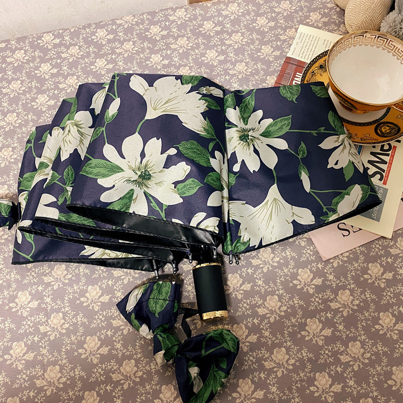 花系三折折叠雨伞黑胶防晒防紫外线遮阳伞太阳伞晴雨两用