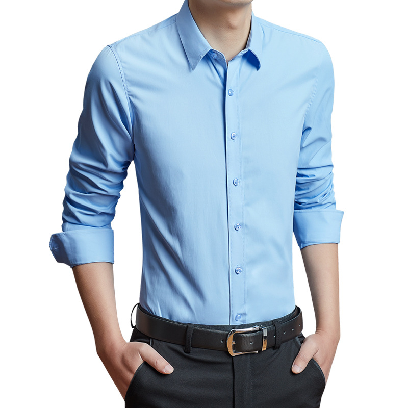 2021新款男士商务休闲长袖修身纯色白衬衫工作服职业装正装衬衣