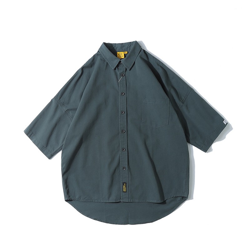 森波服饰夏季纯色日系简约city boy宽松工装短袖衬衫男半袖-1042