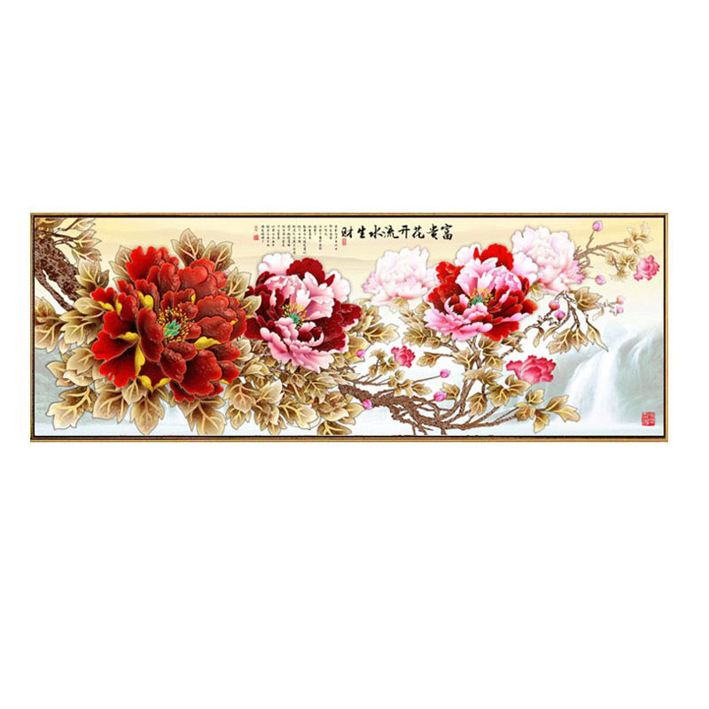沙发背景墙横版装饰画客厅壁画现代中式花开富贵牡丹挂画