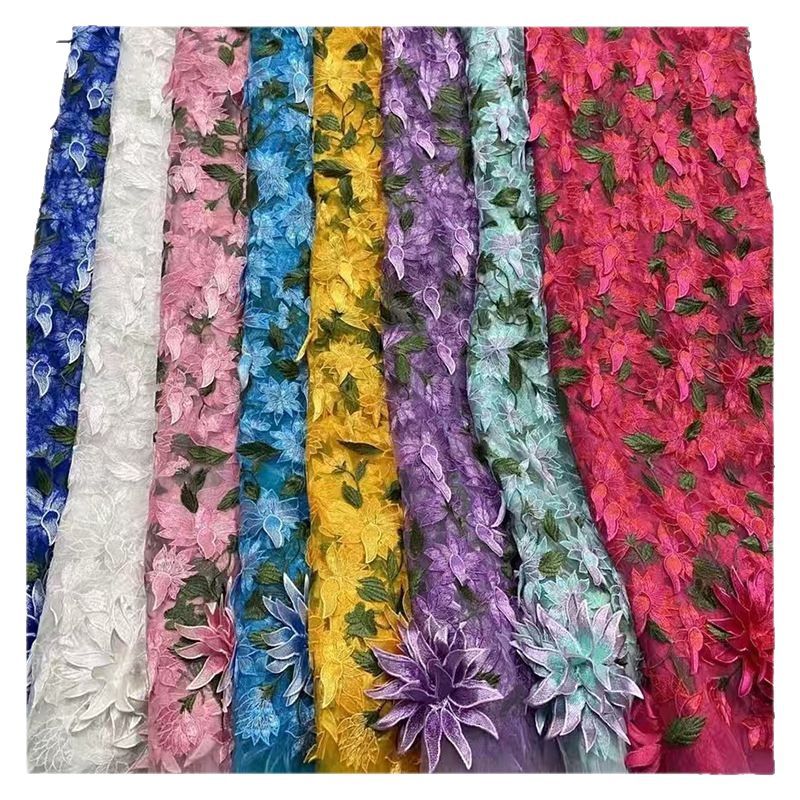 立体多色绣花网纱刺绣面料双色多色刺绣面料彩色花 厂家批发