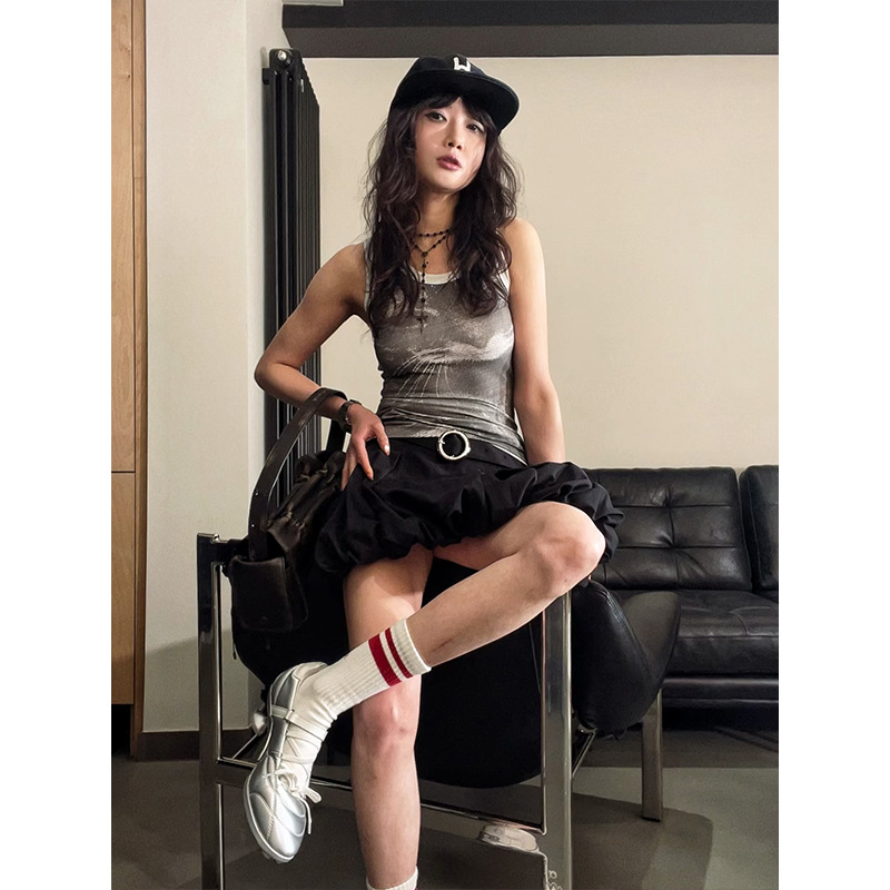 设计师女装 天丝棉螺纹高弹力辣妹数码猫咪印花背心