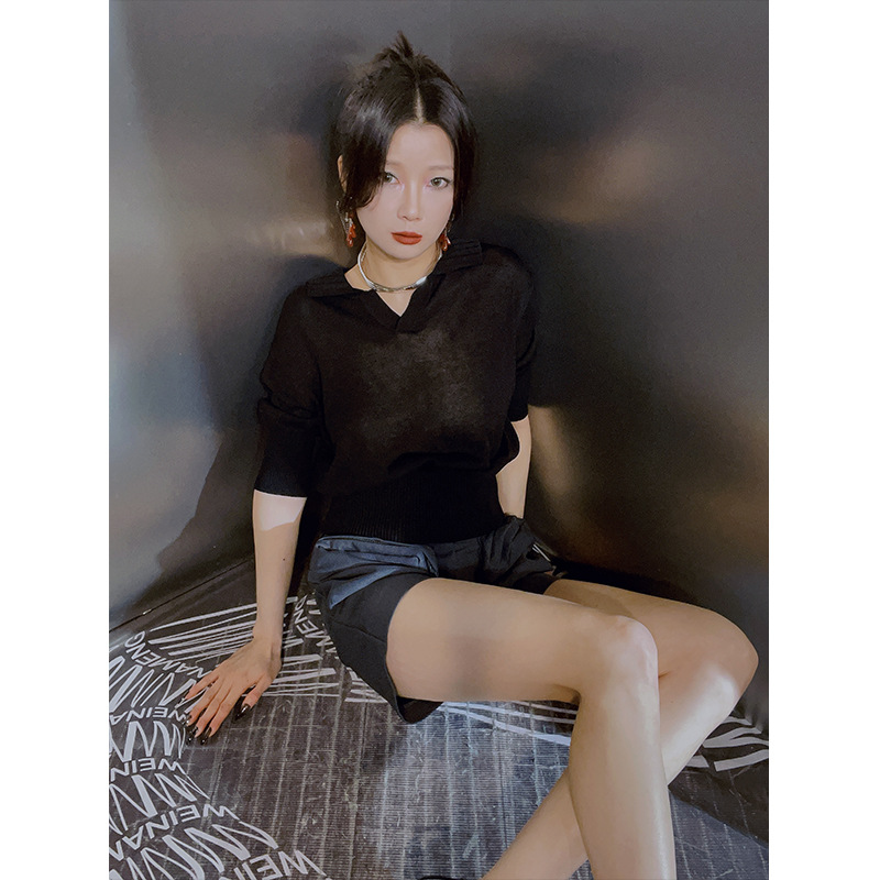 设计师女装 冰爽麻感翻领基本款短袖针织衫