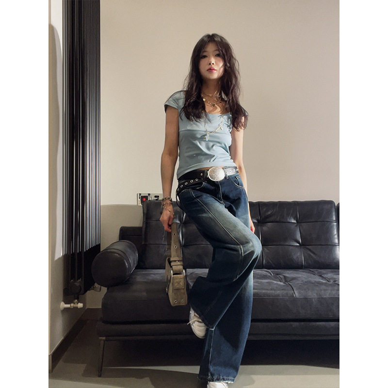 设计师女装 做旧磨破工艺弯刀裤型土耳其进口面料牛仔长裤