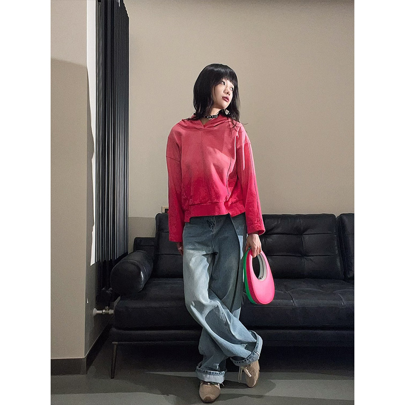 设计师女装 渐变重酵素洗水工艺复古满满连帽卫衣