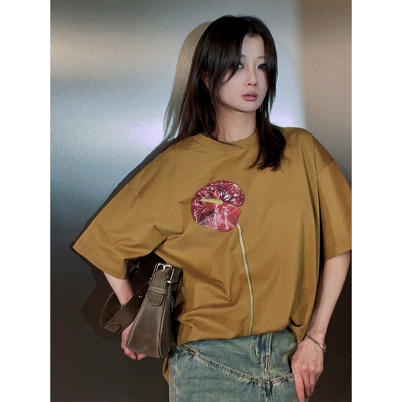 设计师女装 全棉立体感满满数码满幅红掌图案印花T恤