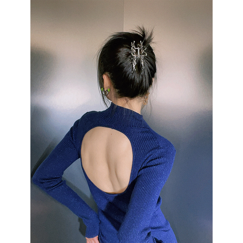 设计师女装 镂空后背珠光针织羊毛打底衫