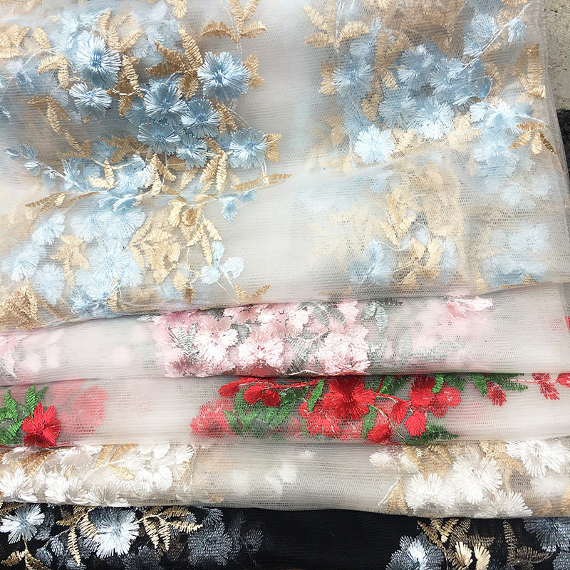 新款多色女裙童装连衣裙绣花刺绣服装网纱面料花花刺绣网布布料