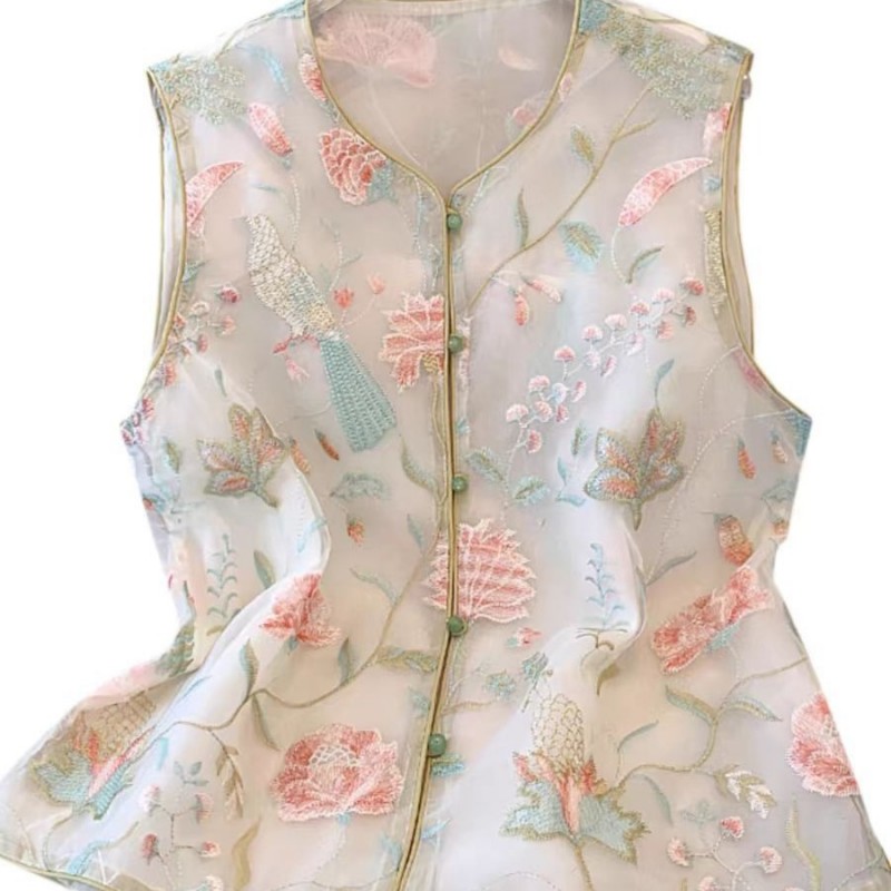 薄款欧根纱新中式马甲连衣服女童绣花服装面料国潮刺绣重工布料