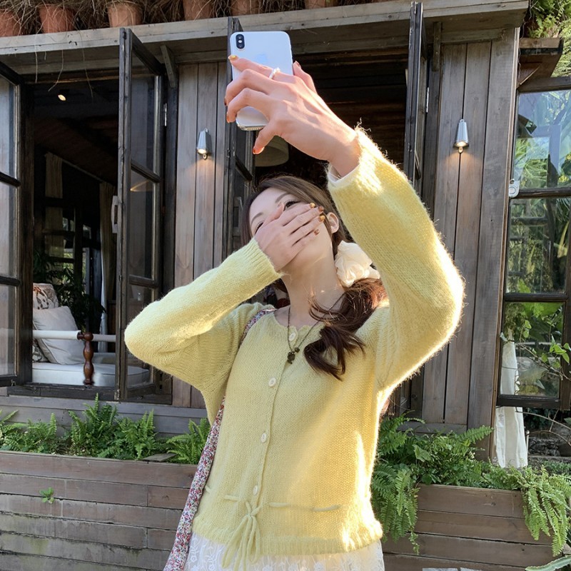 hollyii 韩系温柔甜美百搭花边拼接绑带针织开衫女上衣2025春新款
