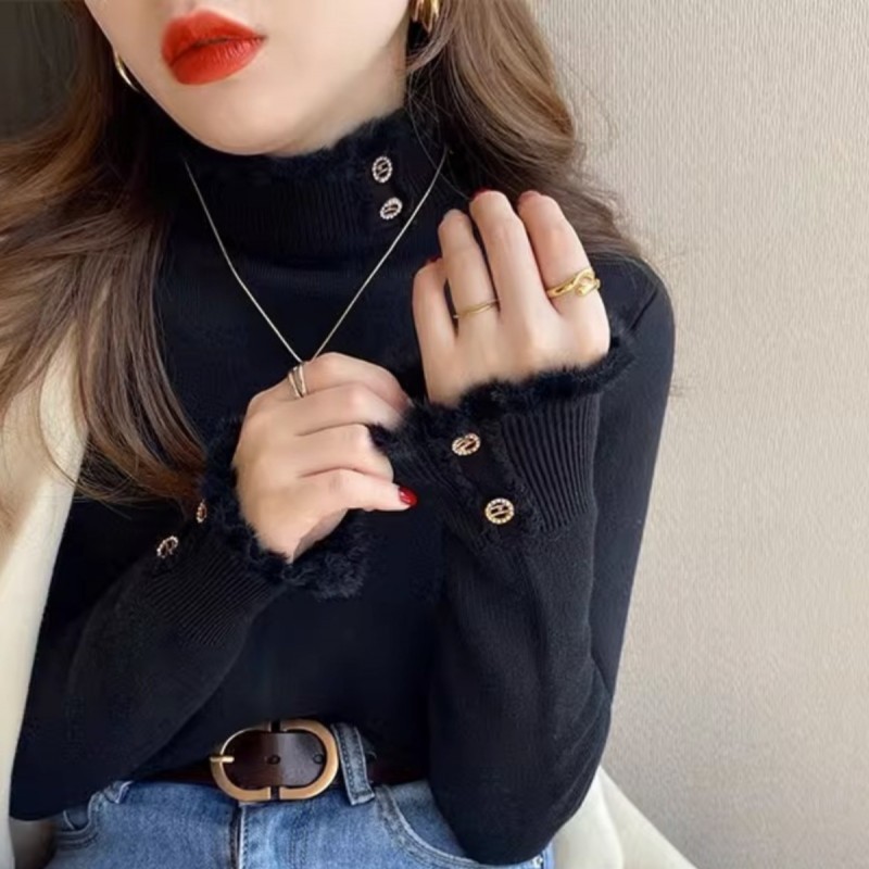 高级感超好看毛衣女秋冬加厚2024新款内搭春秋加绒打底衫高领上衣