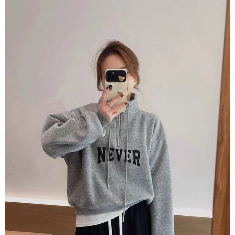 欧洲站休闲潮流短款字母印花运动休闲卫衣女春季套头高领长袖上衣