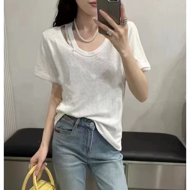 洋气镂空小心机拼接蕾丝短袖T恤女2025春夏新款U领宽松打底衫上衣