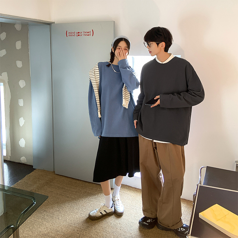 春季新款长袖T恤男女港风ins纯色宽松百搭情侣打底衫DS837TP17