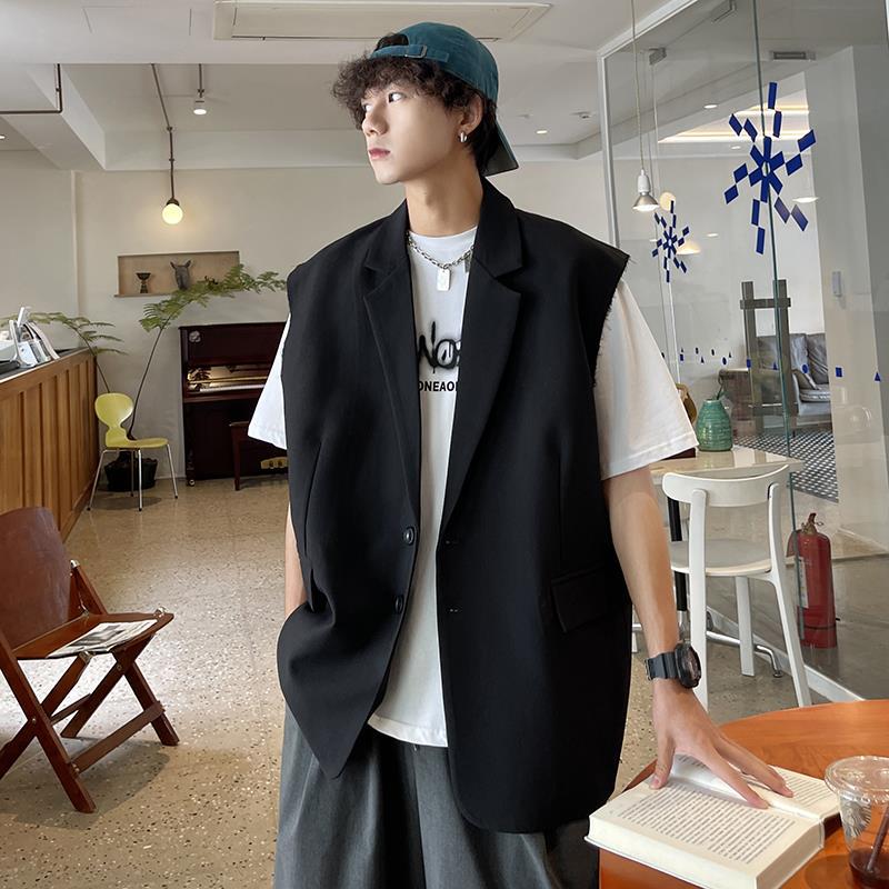 夏季男生痞帅西装马甲外套无袖背心休闲西服垂感宽松潮流港风时尚