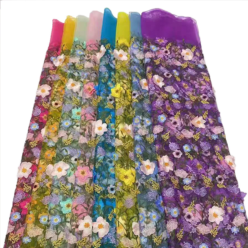 高档品质立体向日葵大花刺绣白色婚纱礼服彩色仙女裙面料厂家批发